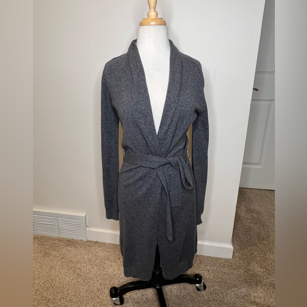 Theory Belted Long Length Cardigan Sweater Dark Gray Cashmere Size P Petite